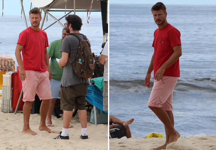 Rodrigo Hilbert grava programa na praia do Leblon