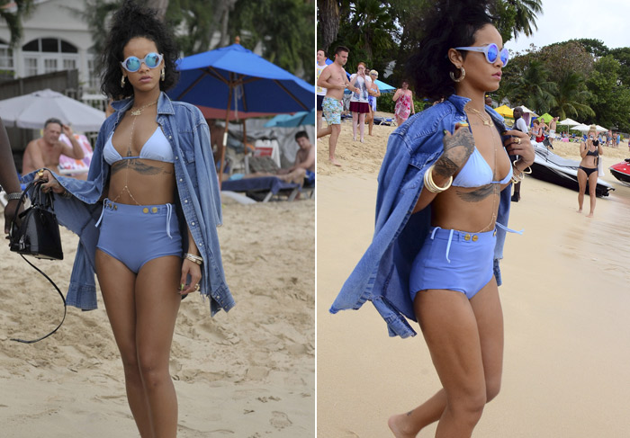 Rihanna curte praia com o corpão de fora em Barbados