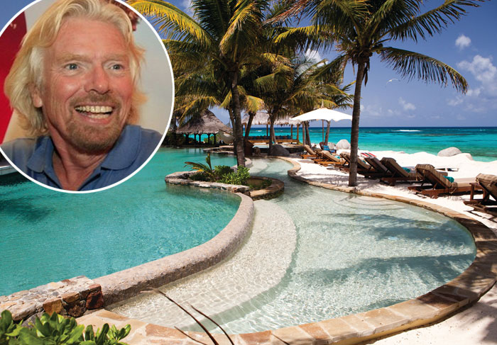 Sir Richard Branson, o poderoso fundador do grupo Virgin, é proprietario do resort Necker Island, no nordeste das Ilhas Virgens Britânicas. O resort que é um dos mais badalados e está localizado na ilha de 300 mil m2 e fica a 15 minutos de barco da ilha Virgem Gorda.