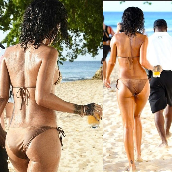 Rihanna curte o verão de biquíni e copinho na mão