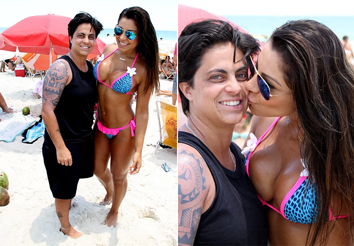 Thammy Miranda dá beijinho na boca da namorada na praia