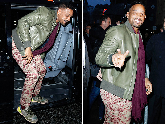 Will Smith usa calça nada discreta com estampas cor de rosa