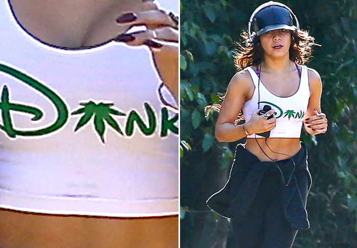 Vanessa Hudgens corre com camiseta com alusão à maconha