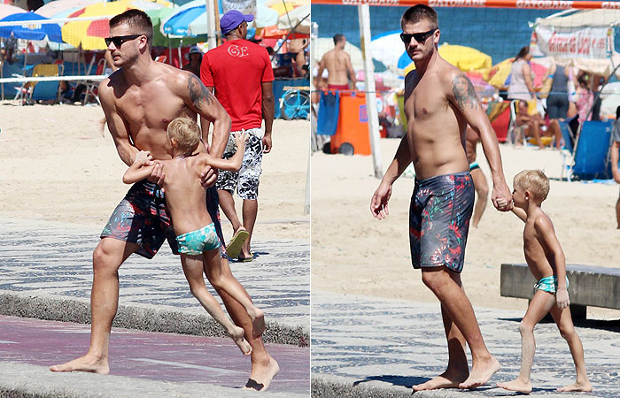 Fernanda Lima e Rodrigo Hilbert levam os filhos para a praia