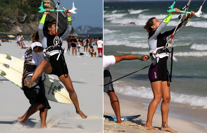 Cristiane Dias quase é carregada pelo vento antes de praticar Kite Surf