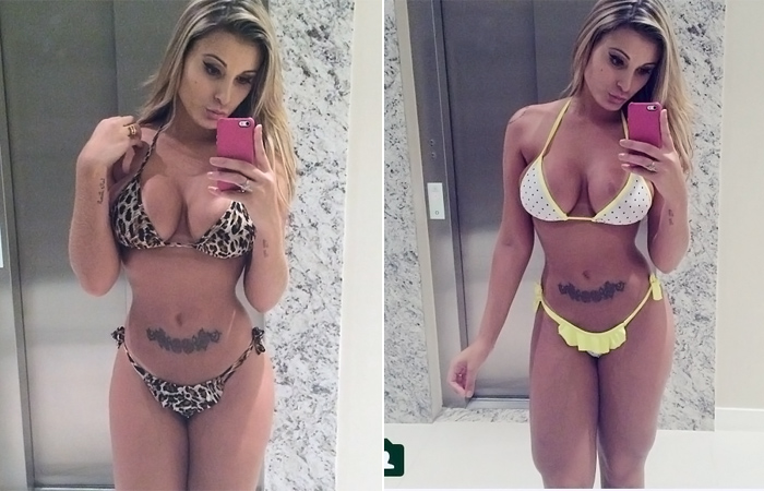 Andressa Urach exibe corpão a bordo de sua coleção de biquínis