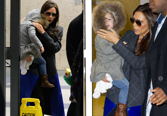 Victoria Beckham protege a filha Harper do frio de Nova York