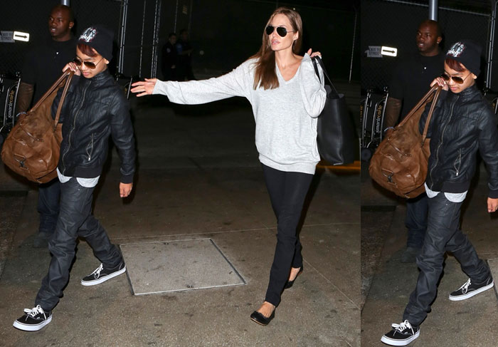 Angelina Jolie embarca no aeroporto e Los Angeles com o filho Maddox