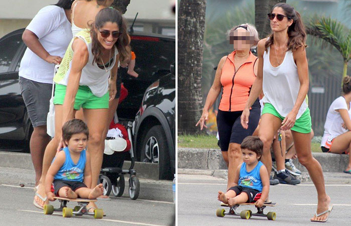 Eduardo Moscovis e Cinthia Howlett ensinam o filho caçula a andar de skate