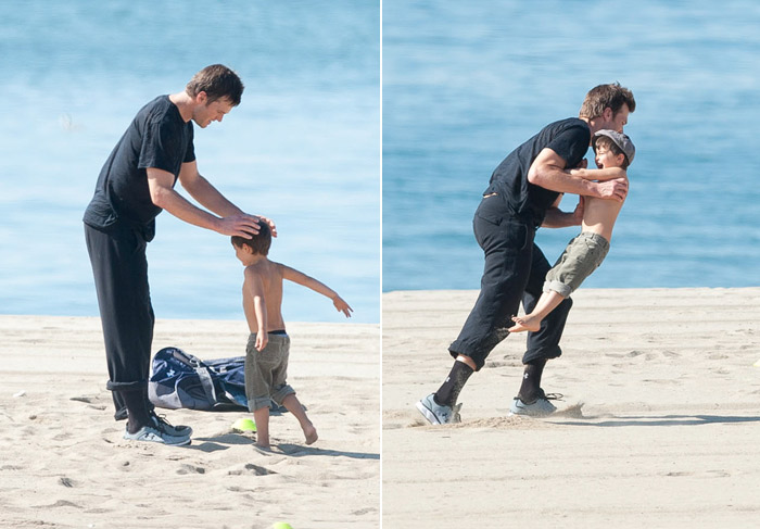 Sem Gisele, Tom Brady brinca com Benjamin na praia