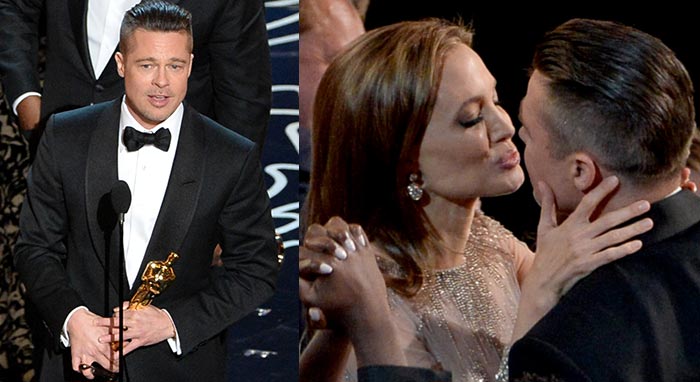 Brad Pitt comemora Oscar de 12 Anos de Escravidão com beijo de Angelina