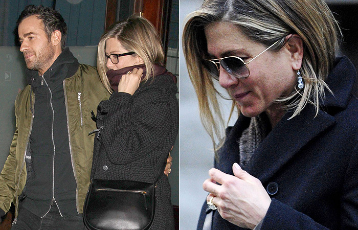 Jennifer Aniston exibe anel de noivado em passeio com Justin Theroux