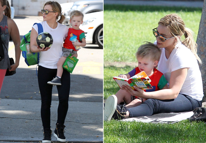 Hilary Duff se diverte com o filho em parque de Los Angeles