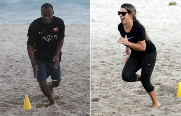 Fernanda Souza e Thiaguinho malham na praia da Barra da Tijuca, no Rio