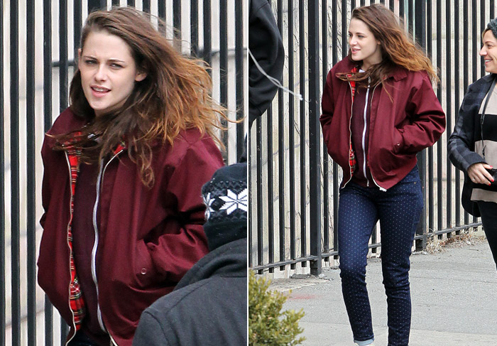 Kristen Stewart se protege do frio em bastidores de novo filme