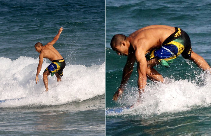  José Aldo e Pedro Scooby surfam juntos no Rio de Janeiro