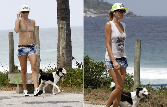 Ellen Jabour leva cachorrinho para passear e aproveita para tomar sol