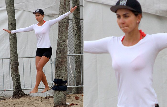 Letícia Wiermann pratica slack line e tênis de praia em Ipanema