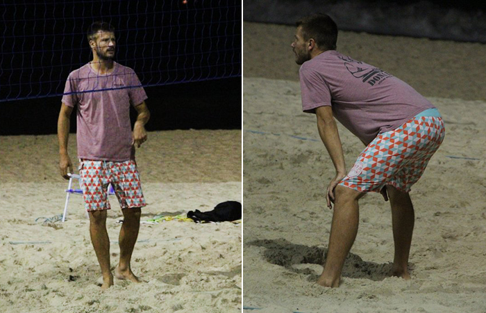 Rodrigo Hilbert joga vôlei de praia com amigos, no Rio de Janeiro