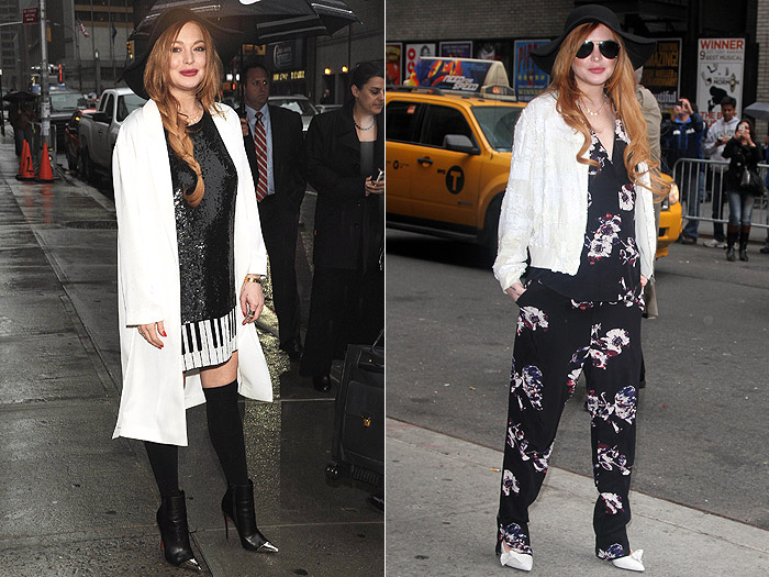 Florais + Teclado: Lindsay Lohan aparece com duas roupas diferentes na gravação com David Letterman