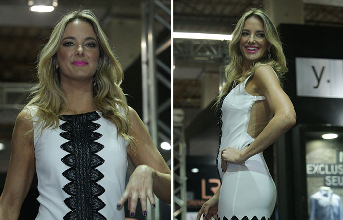 Ticiane Pinheiro chega escoltada para desfile em feira de beleza