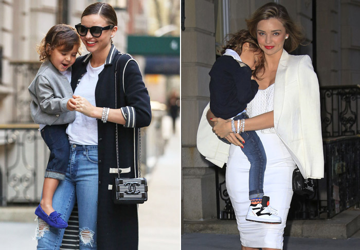 Miranda Kerr posa ao lado do filho Flynn, em Nova York