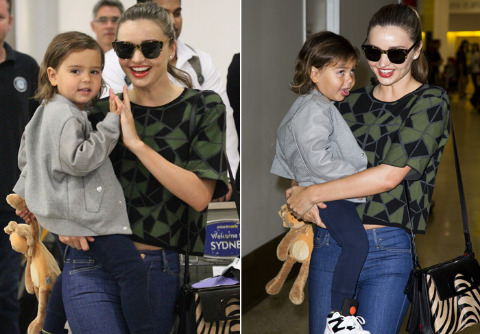 Filho de Miranda Kerr faz careta para os fotógrafos em Sydney, na Austrália