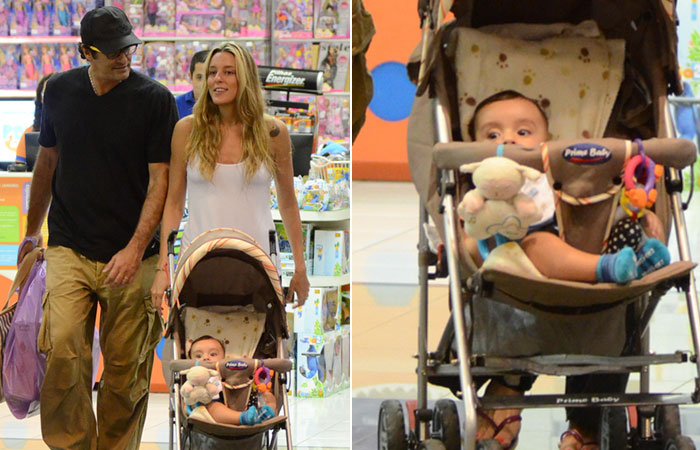 Luciano Szafir e Luhanna Meloni passeiam com o filho em shopping do Rio 