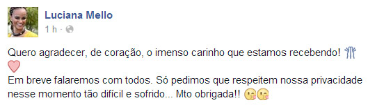 Luciana Mello agradece apoio de amigos e fãs