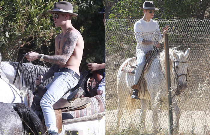 Sem camisa, Justin Bieber anda a cavalo em parque de Los Angeles