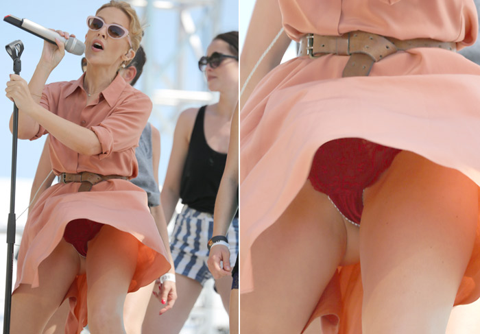 Kylie Minogue deixa calcinha à mostra em apresentação