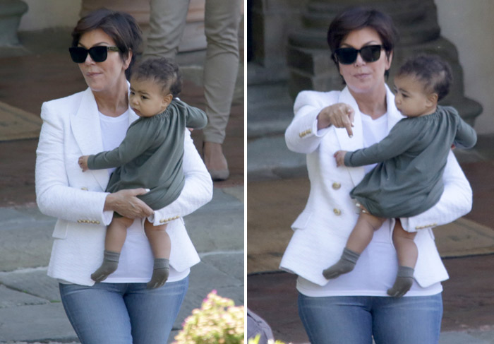 Kris Jenner aparece deixando hotel com sua neta North West, na Itália