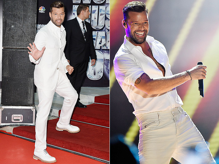 Parece um príncipe... Ricky Martin vai todo de branco ao World Music Awards