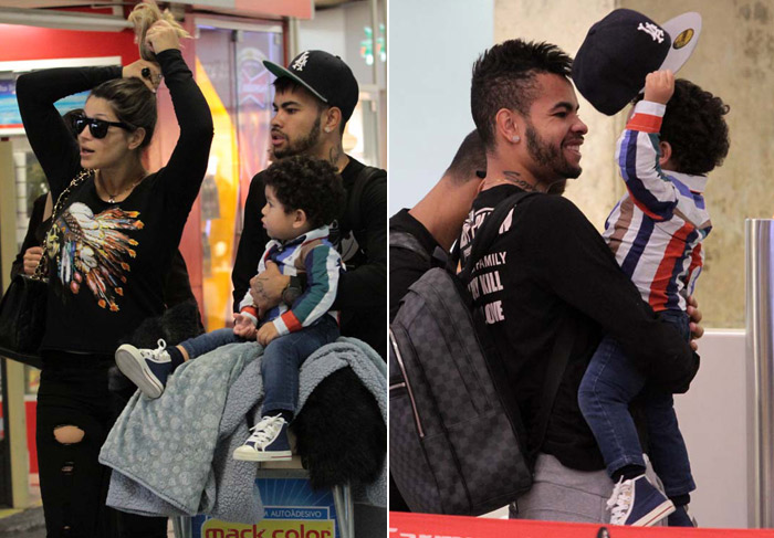 Dentinho embarca com Dani Souza e o filho em São Paulo