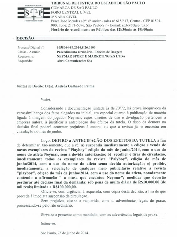 A pedido de Neymar, Justiça suspende venda de Playboy com Patrícia Jordane