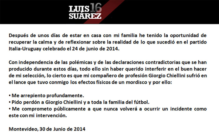 Após mordida, Luis Suárez se diz arrependido e pede desculpas a Chiellini 