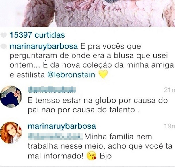 Marina Ruy Barbosa lembra que não é famosa por causa de sua família