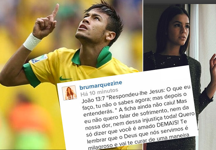 Neste sábado (5), depois de encarar o drama de ver seu namorado ser brutalmente agredido durante a partida Brasil x Colombia, Bruna Marquezine finalmente abriu seu coração para expor seus sentimentos.  Em sua página no Instagram, ela publicou uma foto de Neymar e abriu seu texto com um versículo da Bíblia,  João 13:7 