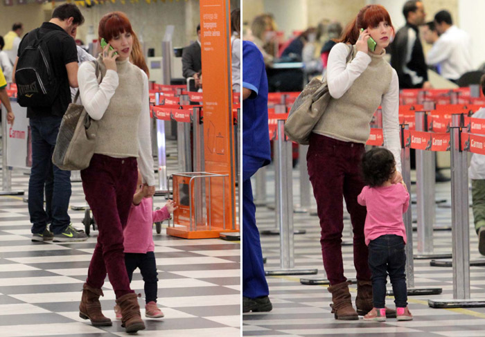 Com os filhos, Mel Lisboa embarca no aeroporto de Congonhas, em São Paulo