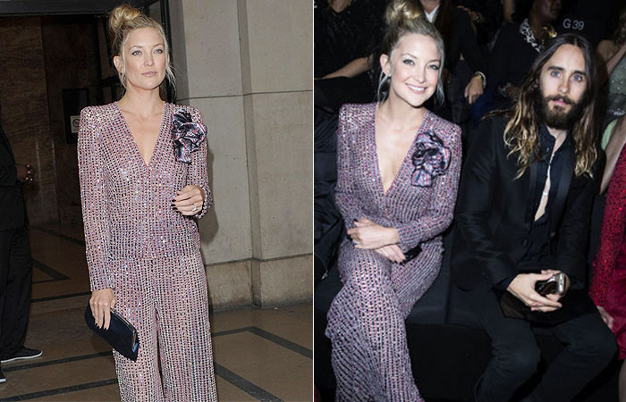 Kate Hudson usa conjunto decotado em desfile na Paris Fashion Week