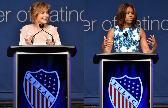Deslumbrante, Jennifer Lopez encontra com Michelle Obama em evento em Nova York