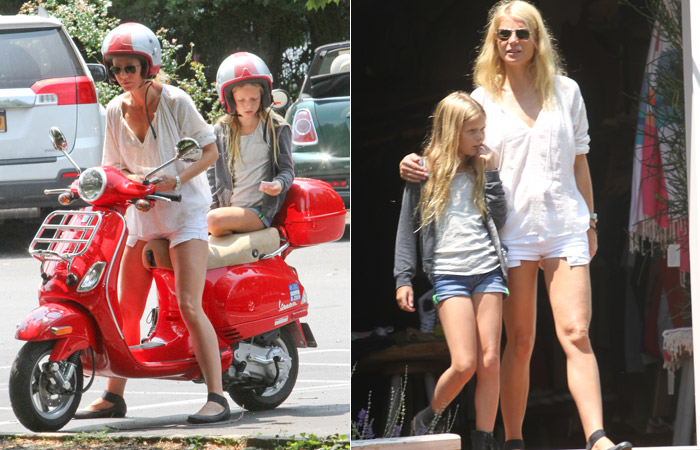 De moto, Gywneth Paltrow leva a filha Apple para fazer compras