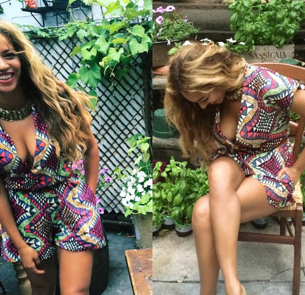 Beyoncé posa descontraída em banca de flores