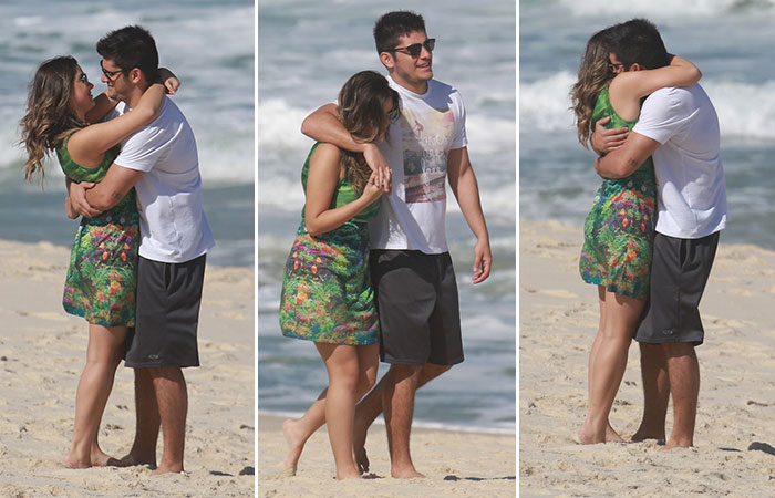 Bruno Gissoni e Polliana Aleixo gravam cenas de romance na praia