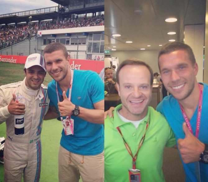 Lukas Podolski tieta Felipe Massa e Rubens Barrichello no GP da Alemanha