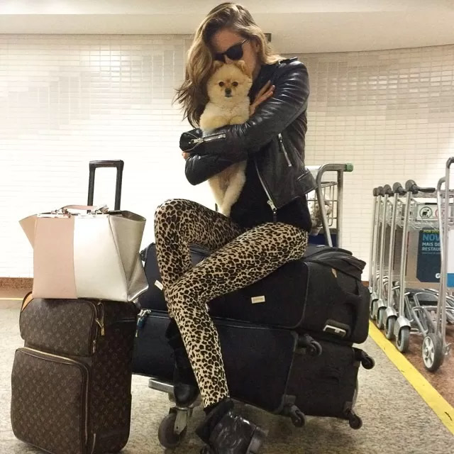 Izabel Goulart leva cachorrinha para aeroporto