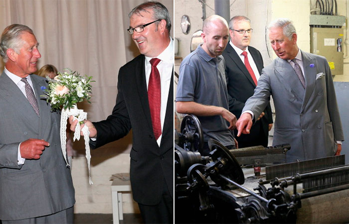 ríncipe Charles recebe flores em visita a fábrica de tecidos na Escócia