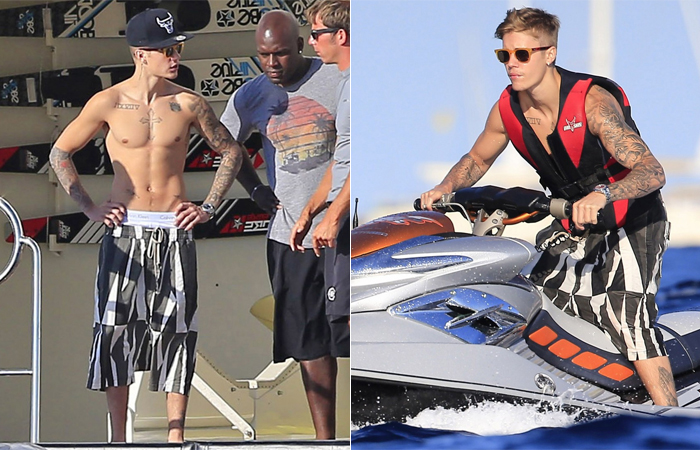 Sem camisa, Justin Bieber curte festa em iate com alguns amigos