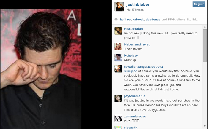Justin Bieber posta foto de Orlando Bloom chorando nas redes sociais
