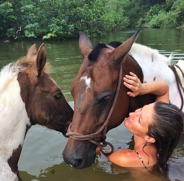 Gisele Bündchen toma banho de rio com cavalos